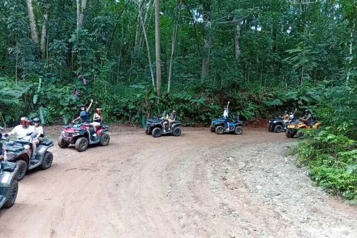 Group riding ATVs on a dirt path through a lush forest with tall trees.