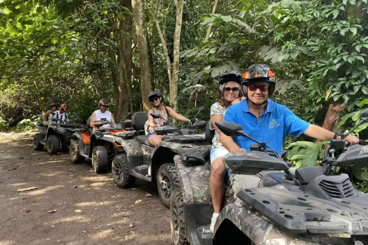 Group of people riding ATVs in a forest, wearing helmets.