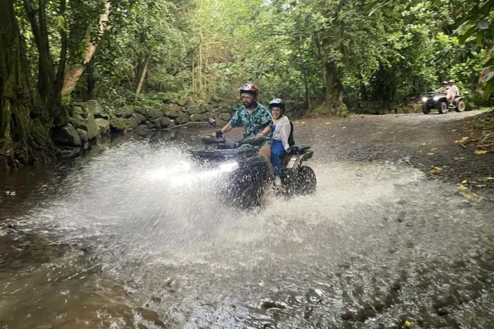 Two people riding an ATV through a shallow stream in a forest.
