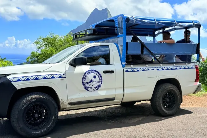White pickup truck with blue canopy, people sitting in the back, mountains and ocean in the background.